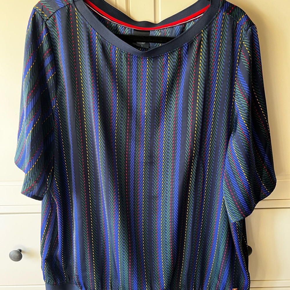 Tommy Hilfiger Multicolor Striped Short Sleeve Blouse - Blue/Black/Green